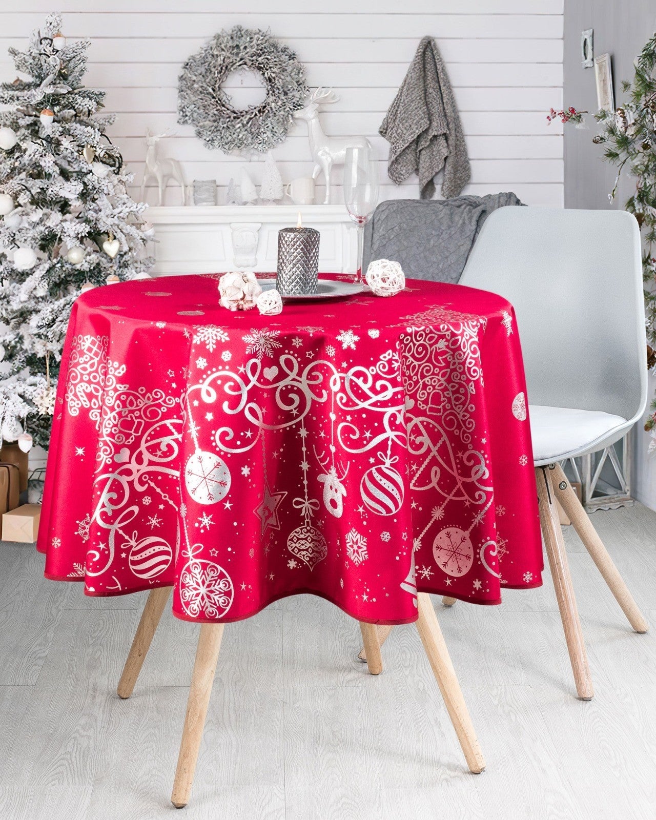 Mantel antimanchas navideño rojo redondo Guirlandas | Zengarsa