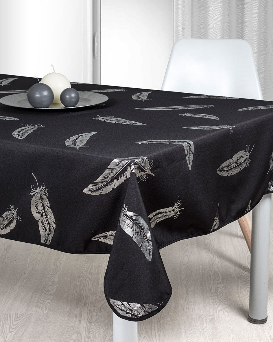 Mantel Antimanchas Negro Rectangular con Plumas Brillante | Zengarsa