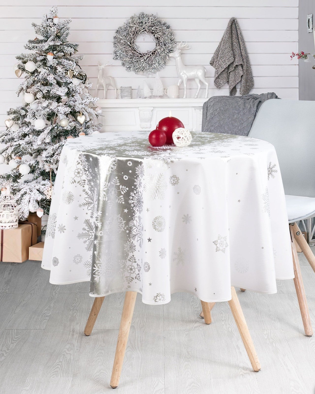 Mantel Antimanchas Rendondo de Navidad Snow Blanco Brillante | Zengarsa